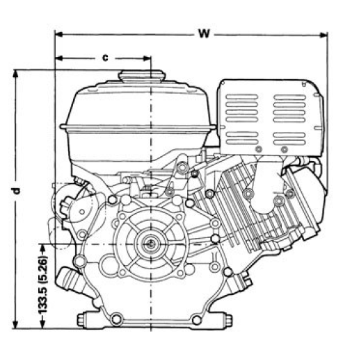 Front and side view of GX340 engine, dimensions displayed for height and width