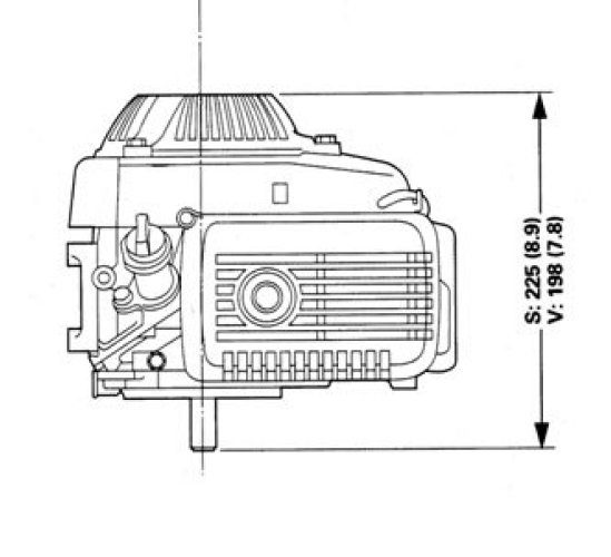 Front and side view of GXV50 engine, dimensions displayed for height and width